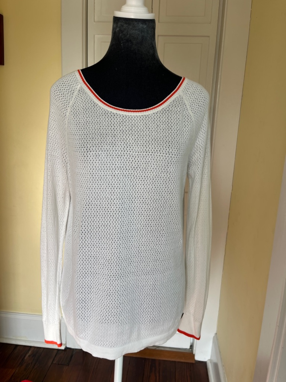 White Open-Knit Long Sleeve Sweater with Orange  Trim